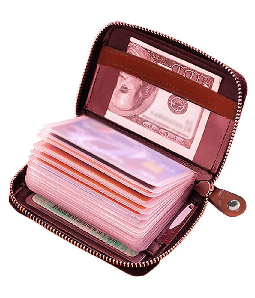     			Hide&Sleek RFID Protected Brown Genuine Leather Card Holder with Zipper Clouser
