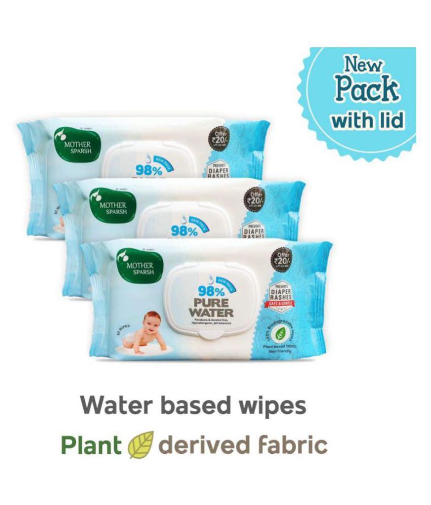 Mother Sparsh 98% Water Base Wipes I Plant derived Fabric I mild Scented I 80 Pcs/Pack Pack of 3