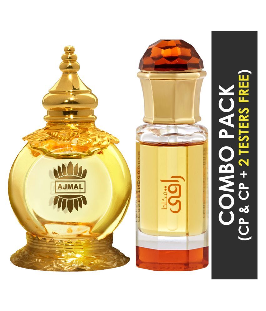     			Ajmal Mukhallat AL Wafa Concentrated Perfume Oil Oriental Musky -free Attar 12ml for Unisex and Mukhallat Raaqi Concentrated Perfume Oil Floral Fruity -free Attar 10ml for Unisex + 2 Parfum Testers FREE