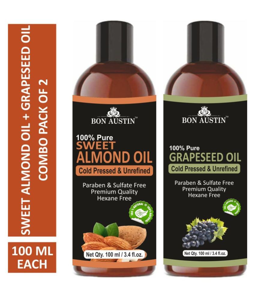     			Bon Austin Premium Sweet Almond Oil & Grapeseed Oil  - Cold Pressed & Unrefined Combo pack of 2 bottles of 100 ml(200 ml)