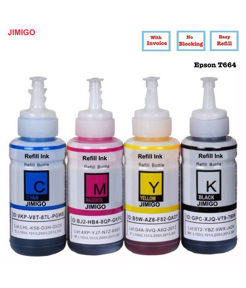 JIMIGO FOR EPSON L130 L220 Multicolor Pack of 4 Ink bottle for Refill