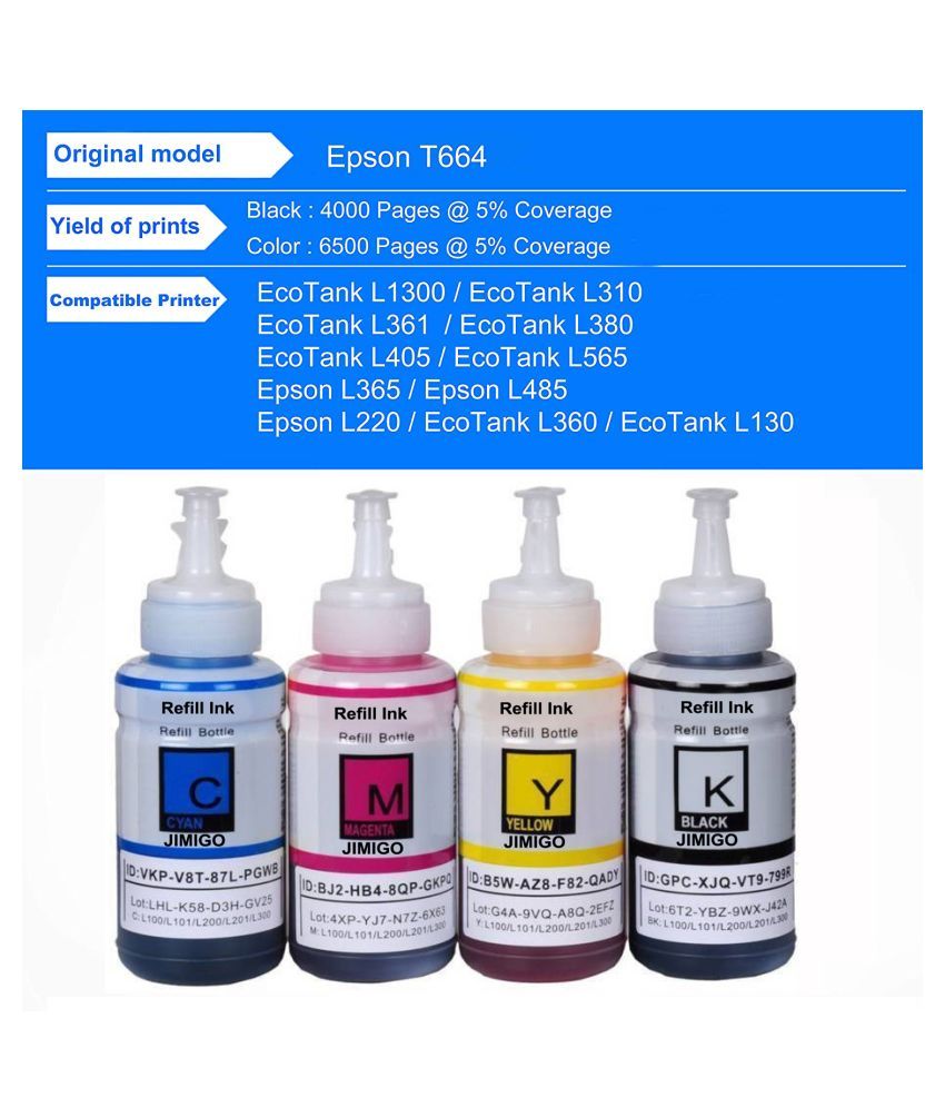 JIMIGO FOR EPSON L130 L220 Multicolor Pack of 4 Ink bottle for Refill