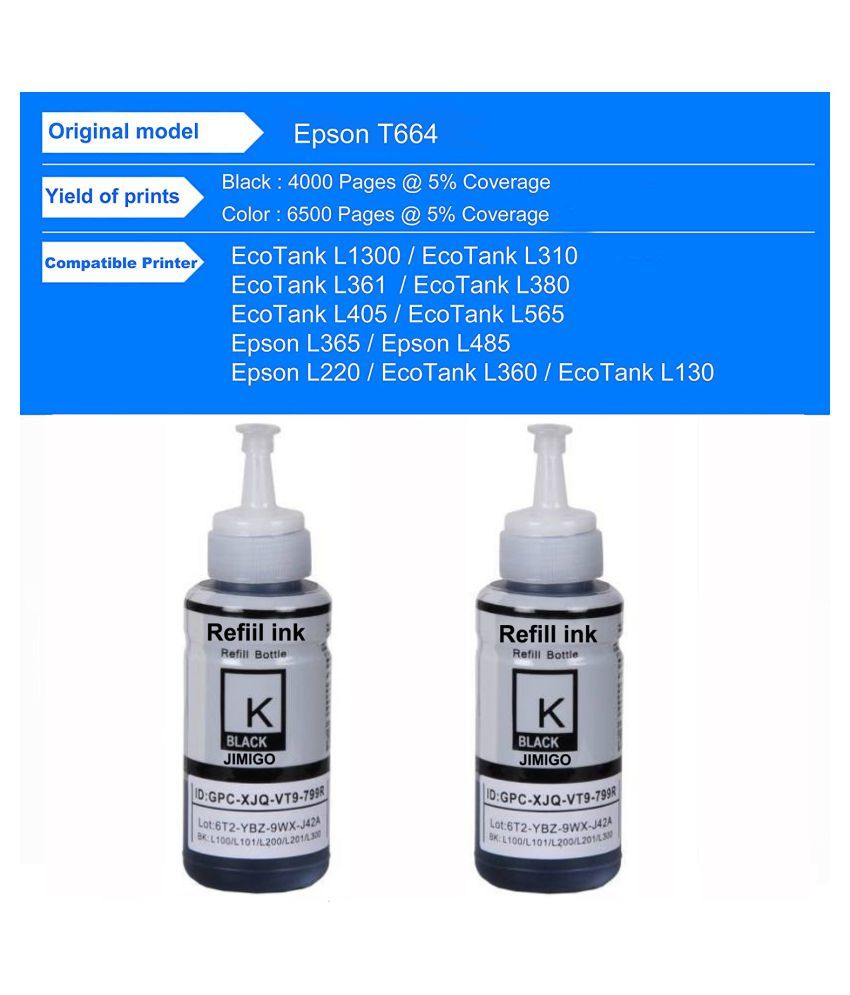 Jimigo For Epson L310 L360 Black Pack Of 2 Ink Bottle For Refill Ink Epson L130l210l220l350 2251
