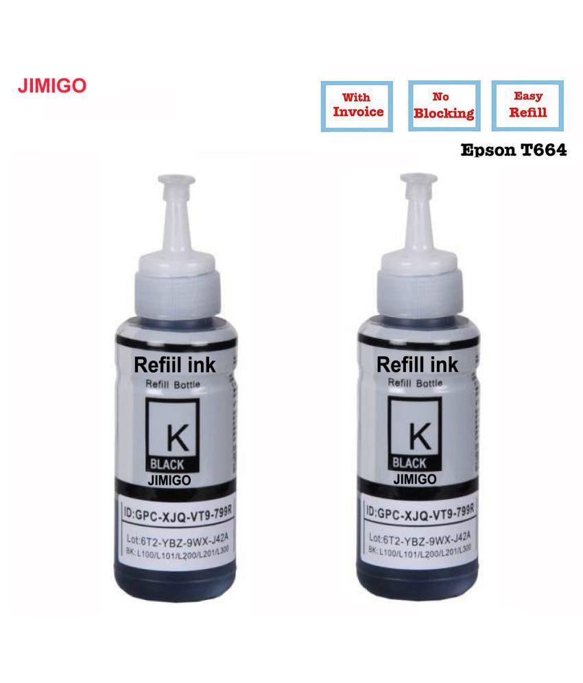 JIMIGO FOR EPSON T664 Black Pack of 2 Ink bottle for Refill ink Epson L130,L210,L220,L350,L360,L361,L365,L380,L385,L455,L485,L550,L555,L565