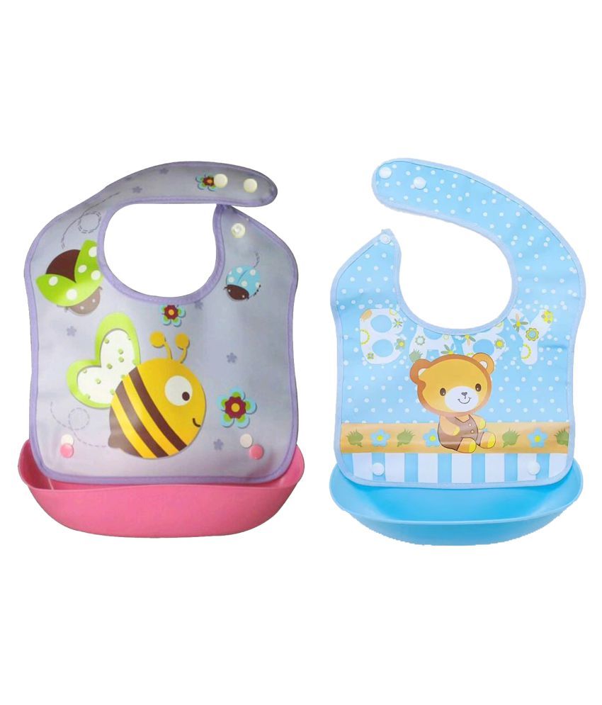 My Newborn Multi-colour Silicon Bibs With Tray - Set Of 2: Buy My 