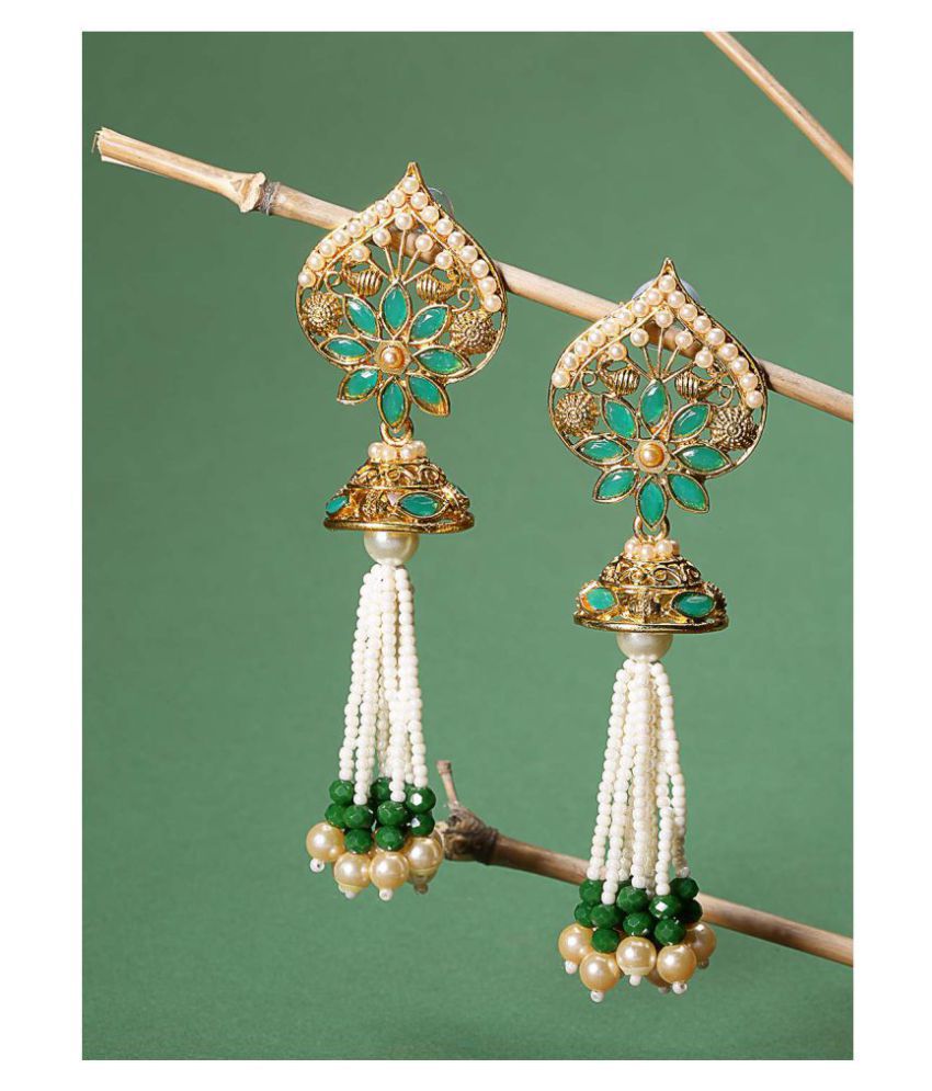     			Priyaasi Gold-Plated Green Emerald Stone-Studded Leaf Shaped Tasselled Earrings