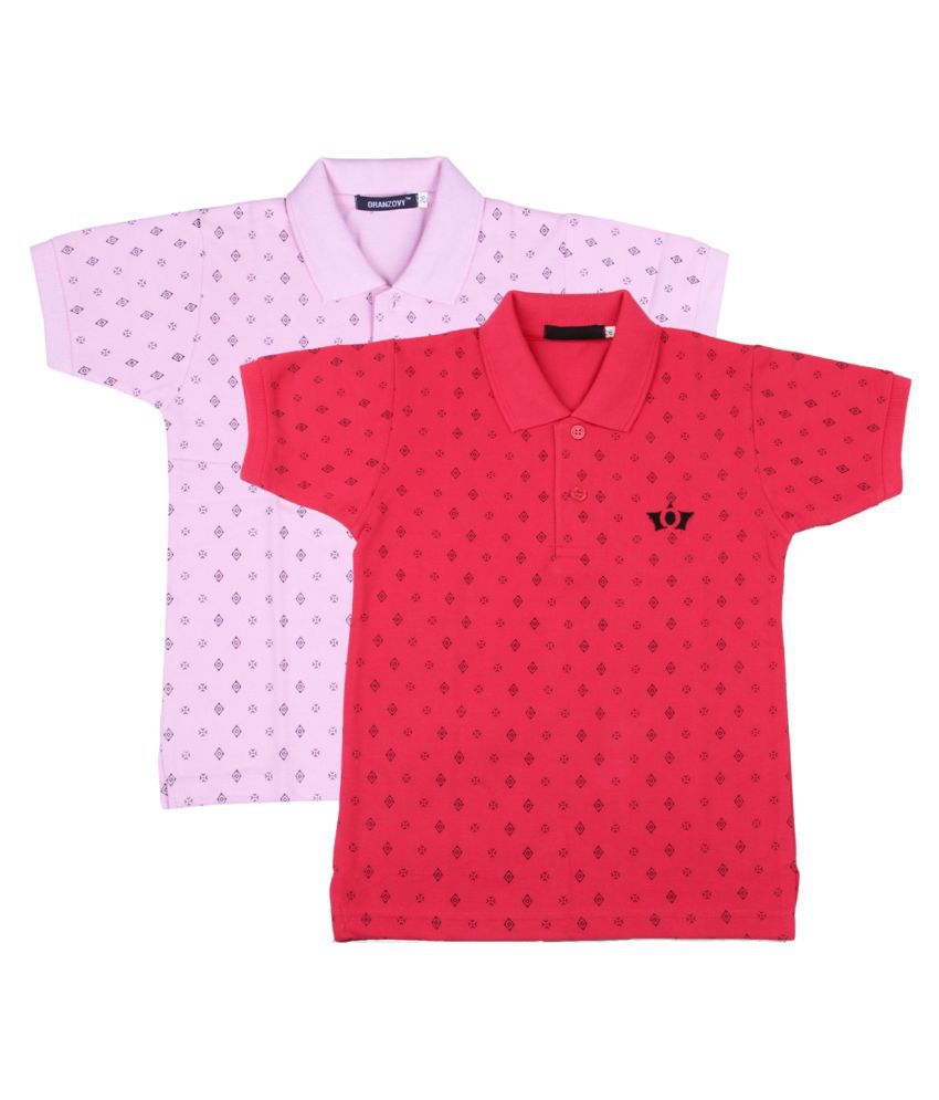     			Neuvin Printed Cotton Polo TShirts for Boys Pink & Red (Pack of 2)