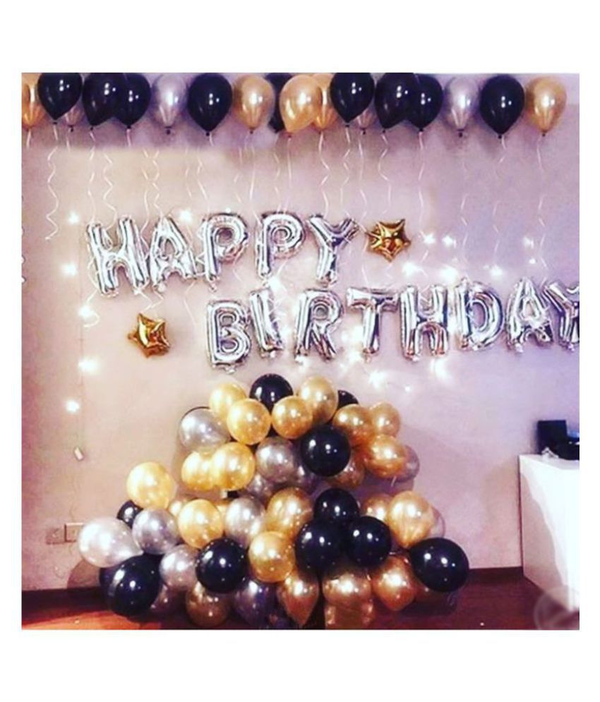     			Pixelfox Happy Birthday Silver Foil Balloons+ 2 Star Foil+ 30 pcs Balloons for happy birthday decoration item, birthday decoration kit, birthday balloon decoration combo for Boys, Girls, Kids, husband and Wife.