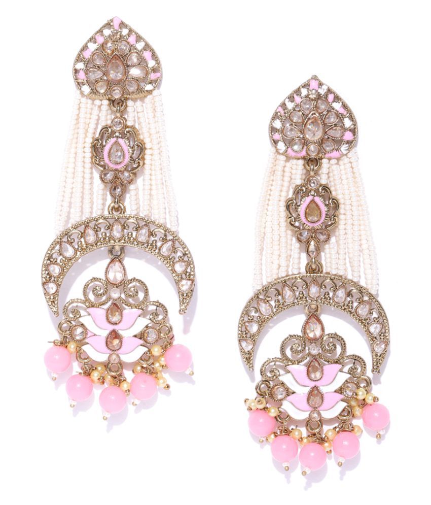     			Priyaasi Green&Pink Lotus Gold Plated Kundan Earrings