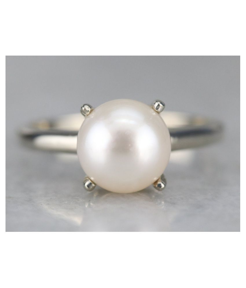 Royalmart 7.25 Ratti Certified Pearl Gemstone Moti Original Gemstone Silver Adjustable Ring For Men & Women 