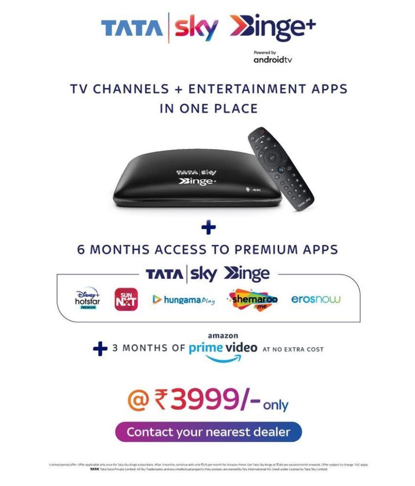 Buy TATA Sky HD+ Tata sky Binge plus connection with Hindi Lite HD with