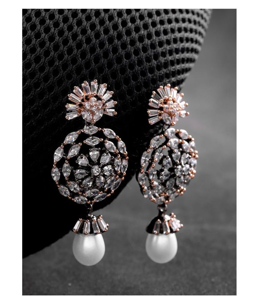     			Priyaasi Floral Shaped Silver Tone American Diamond Earring With Pearl Drop For Women And Girls