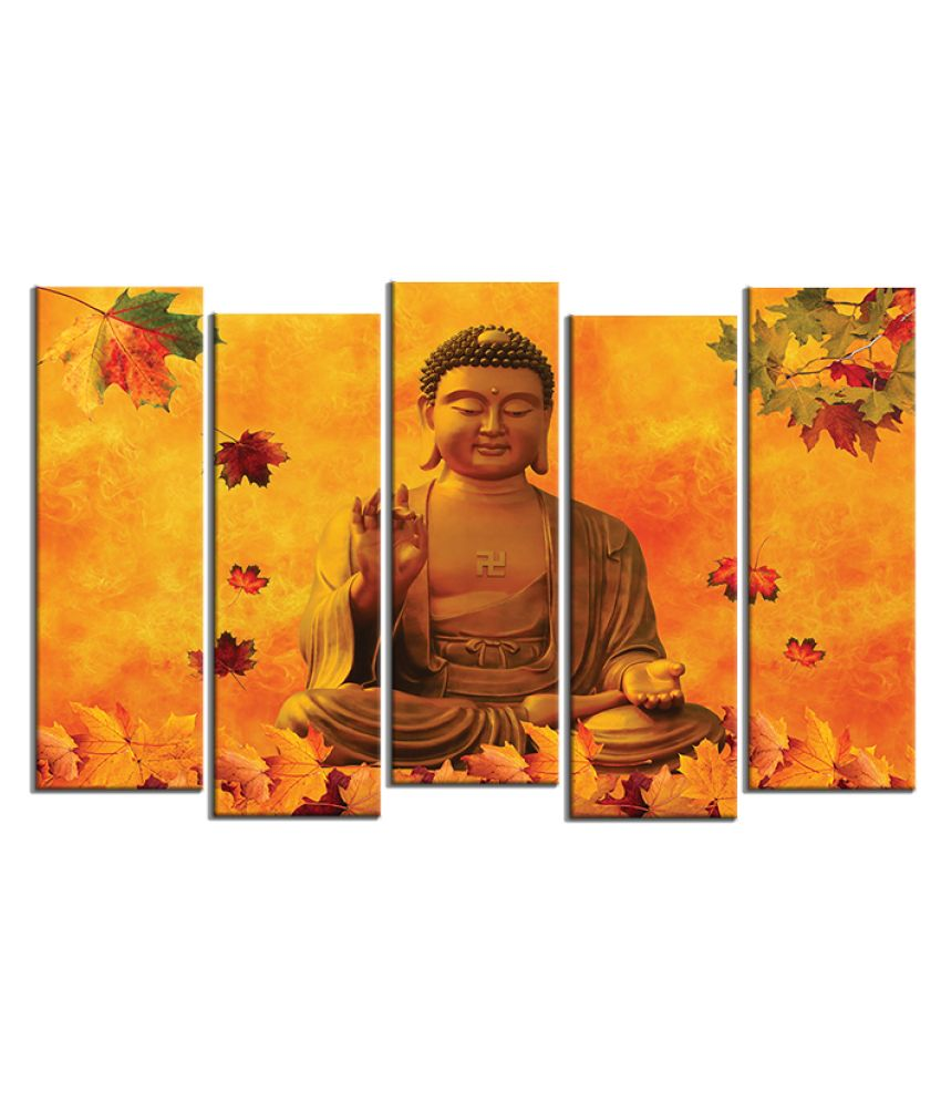 KALARKARI Lord Buddha 5 panel wall art with MDF stretch frame Canvas Painting With Frame