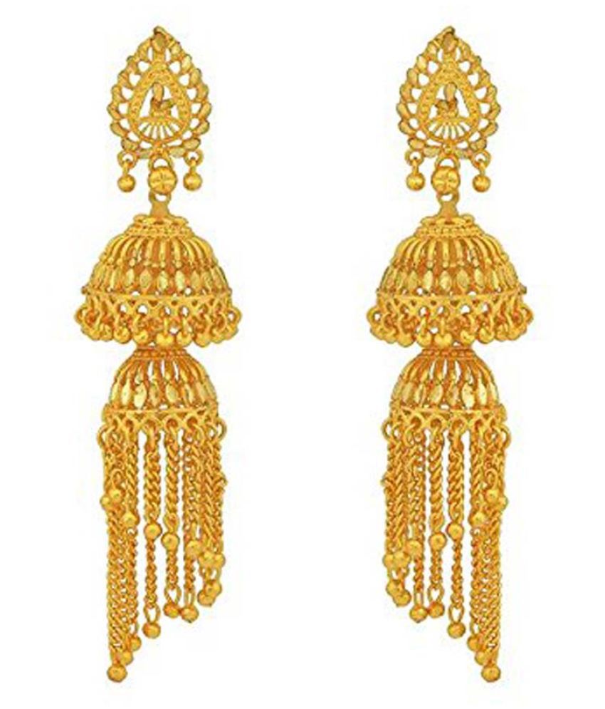 Happy Stoning Gold Plated Brass Jhallar tasselled jhumka earrings for ...