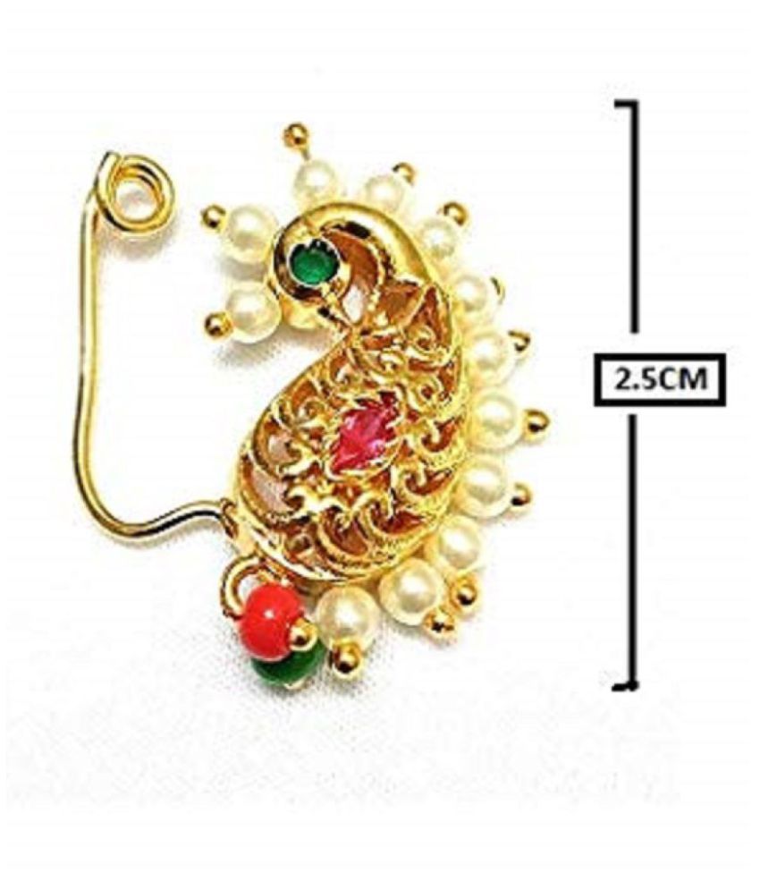GirlZ! Gold Plated Stone & Pearl Peacock Design Nath ,Maharashtrian Nose Ring For Women(Non