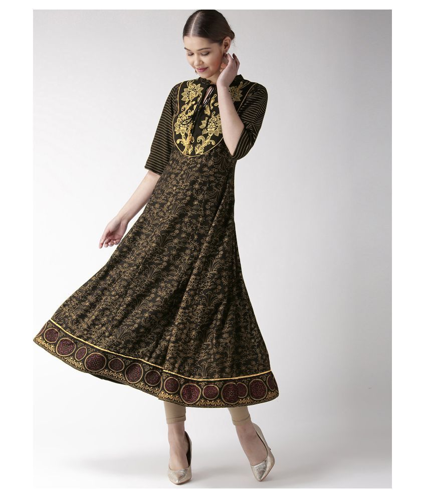 HF HOLYDAY FASHION Cotton Plain and Solid Printed Black Border Anarkali  Style Kurti Kurta For Women