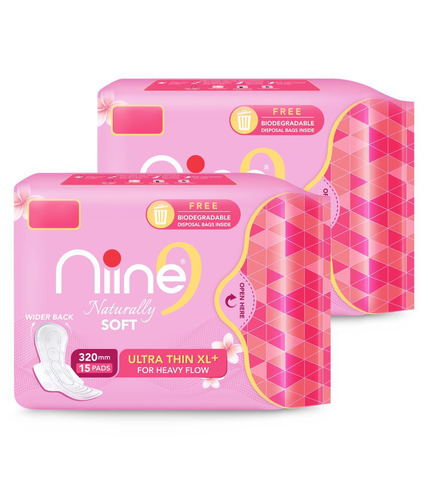     			Niine Naturally Soft Ultra Thin XL+ Sanitary Napkins for Heavy Flow (Pack of 2) 30 Pads with Free Biodegradable Disposal Bags