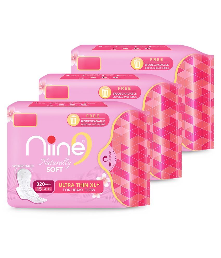     			Niine Naturally Soft Ultra Thin XL+ Sanitary Napkins for Heavy Flow (Pack of 3) 45 Pads with Free Biodegradable Disposal Bags