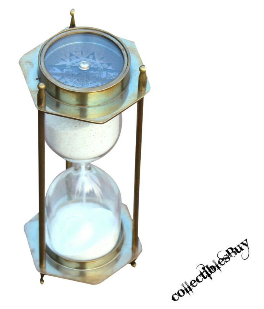 Nautical Antique Vintage Brass 5 Minutes Sand Timer Hourglass With Maritime Two Side Compass
