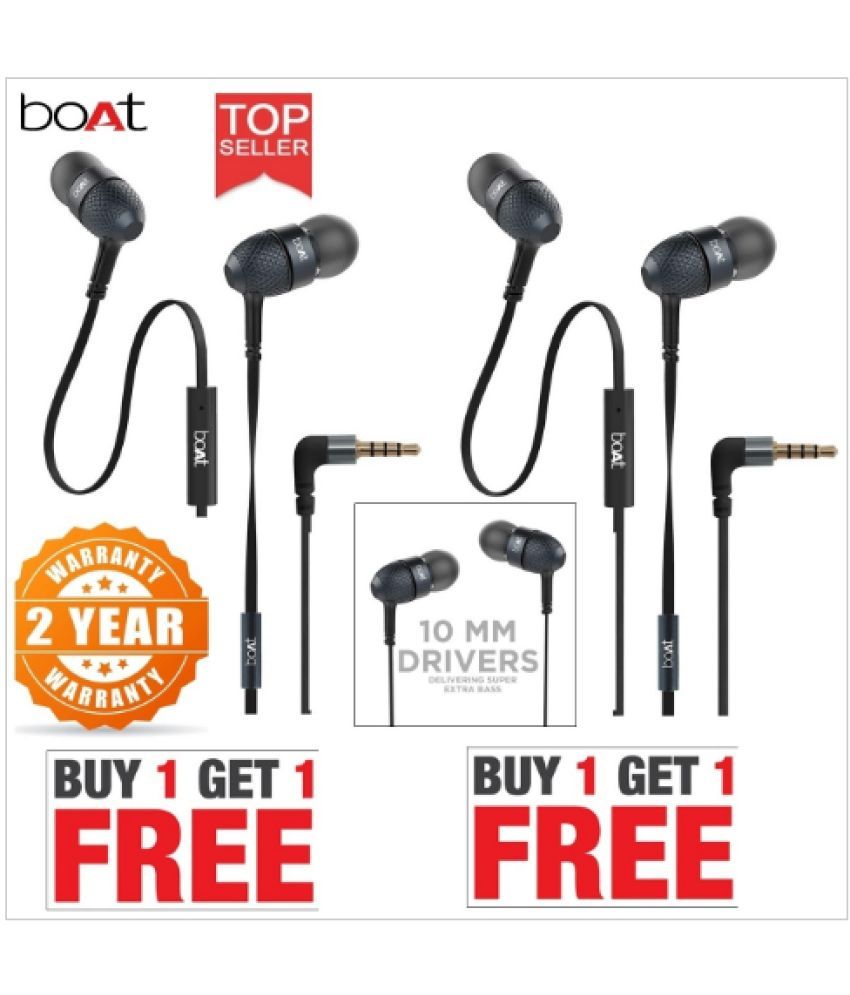 boAt BassHeads In Ear Wired With Mic Earphones Black Earbuds Ear Buds Handsfree Buy 1 Get 1 Free