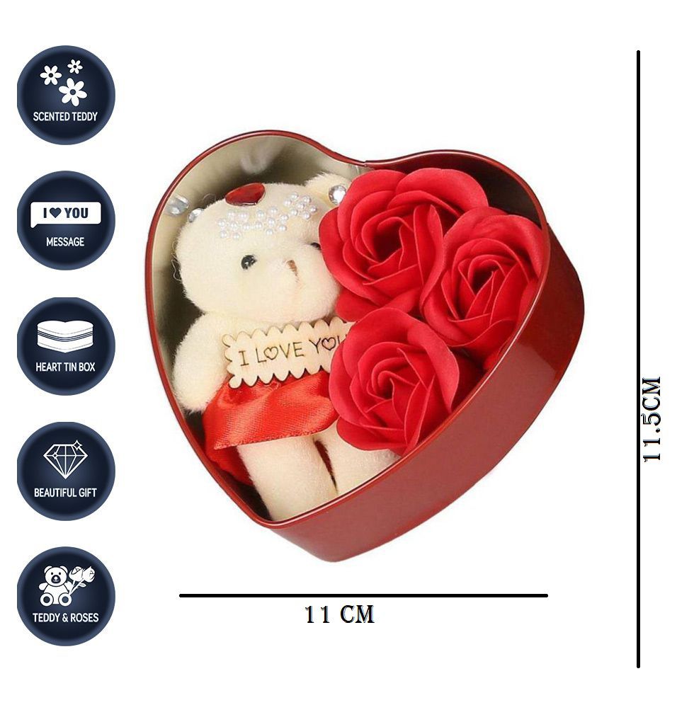     			house of fun Valentine Day Heart Shape Box with Rose Love Couple Gift For Boy|Girl|Girlfriend|Boyfriend Lover Birthday|Anniversary Teddy Figurine Decorative Decorative Showpiece - 11 cm  (Silver Plated, Multicolor)