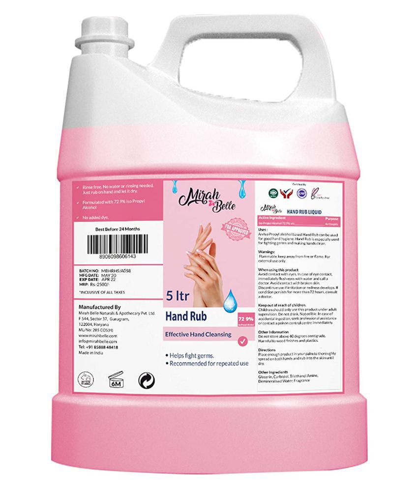     			Mirah Belle Hand Rub Gel ( 72.9% Alcohol) FDA Approved Hand Sanitizer 5000 mL Pack of 1