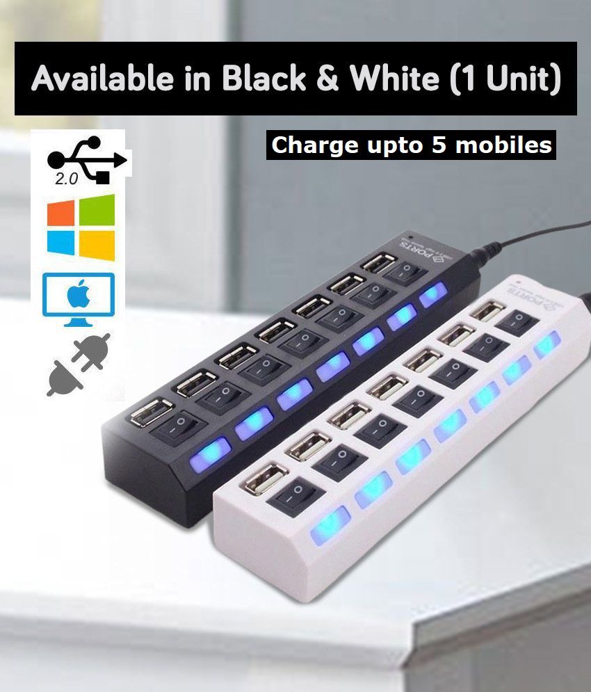     			Terabyte 7 Port USB 2.0 HUB with Independent Switches (White/Black - 1 Unit) Assorted color