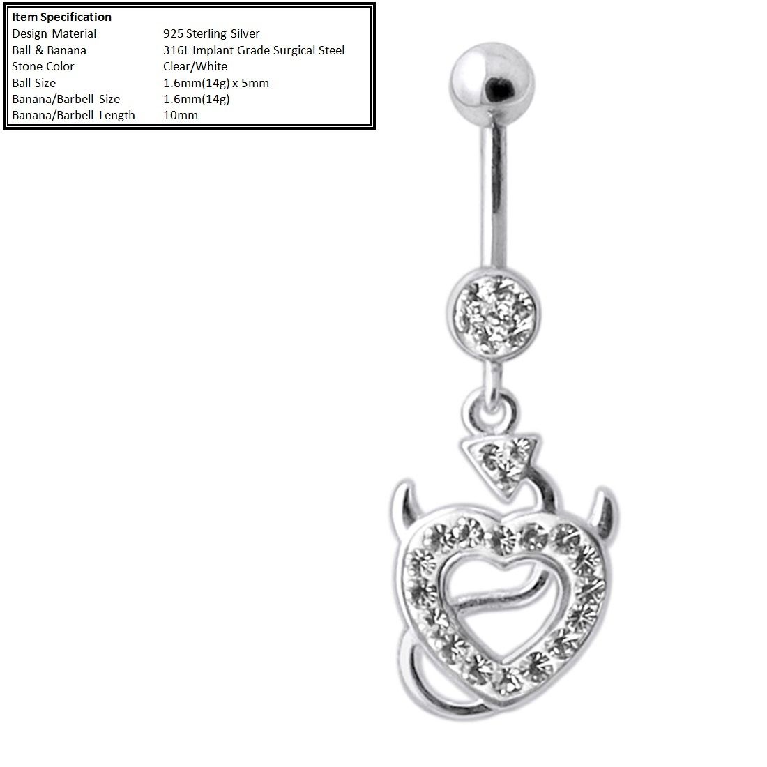 Navel Piercing or Belly Ring Steel Banana with 925 Sterling Silver Dangling Design