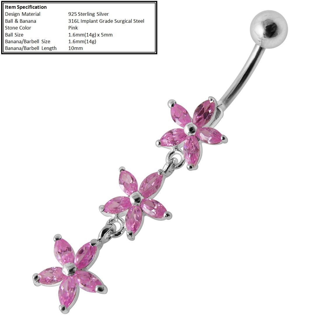 Navel Piercing or Belly Ring Steel Banana with 925 Sterling Silver Dangling Design