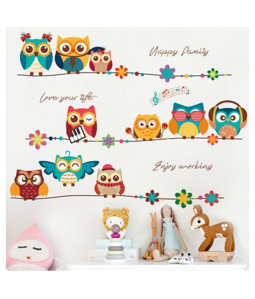     			HOMETALES Cute Owls Family on Flower Branch Musical Theme Sticker ( 50 x 70 cms )
