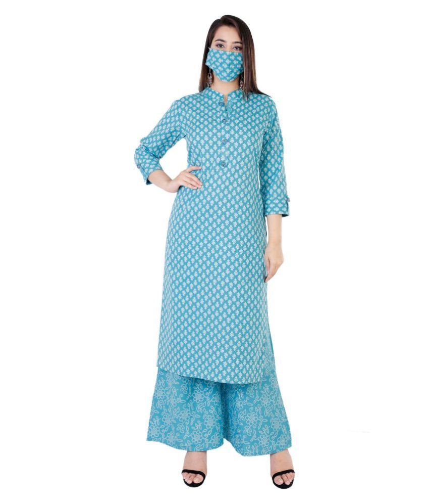     			HIGHLIGHT FASHION EXPORT - Turquoise Straight Cotton Women's Stitched Salwar Suit ( Pack of 1 )