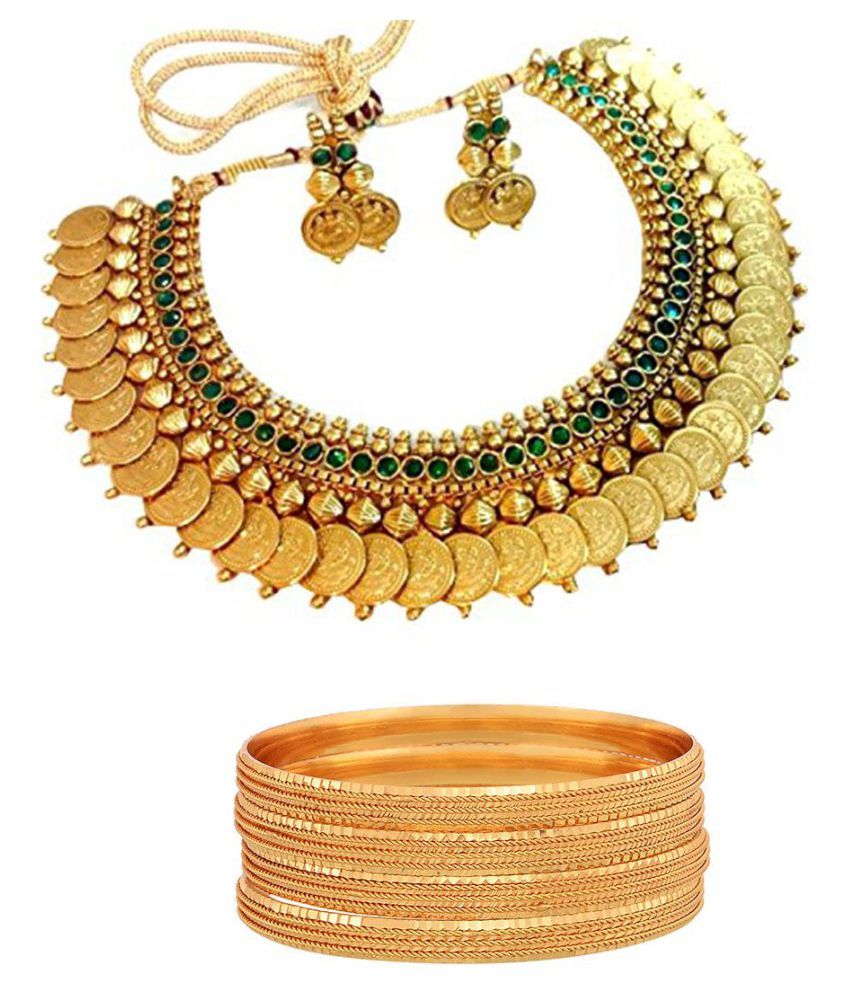     			Zeneme Pearl Temple coin Traditional Necklace set & Traditional Bangle Set for women party wear Jewellery set with Earrings for Women