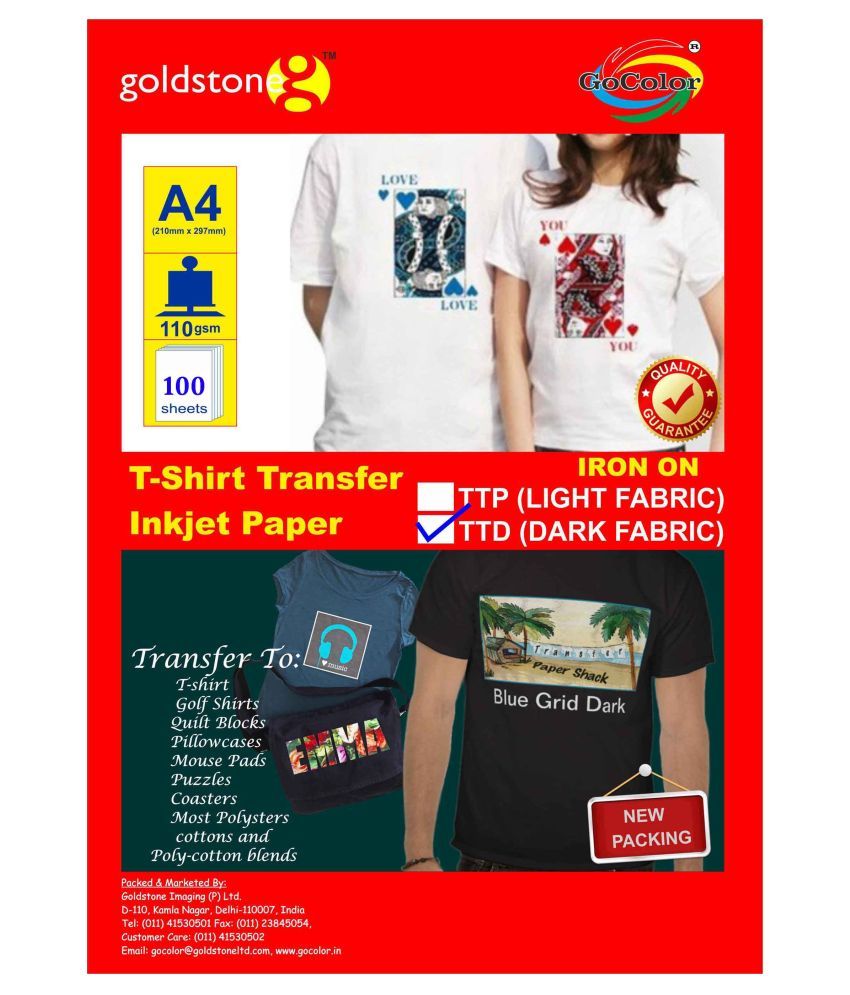 GoColor TShirt Transfer Inkjet Photo Paper For Dark Fabrics 100 Sheet ...