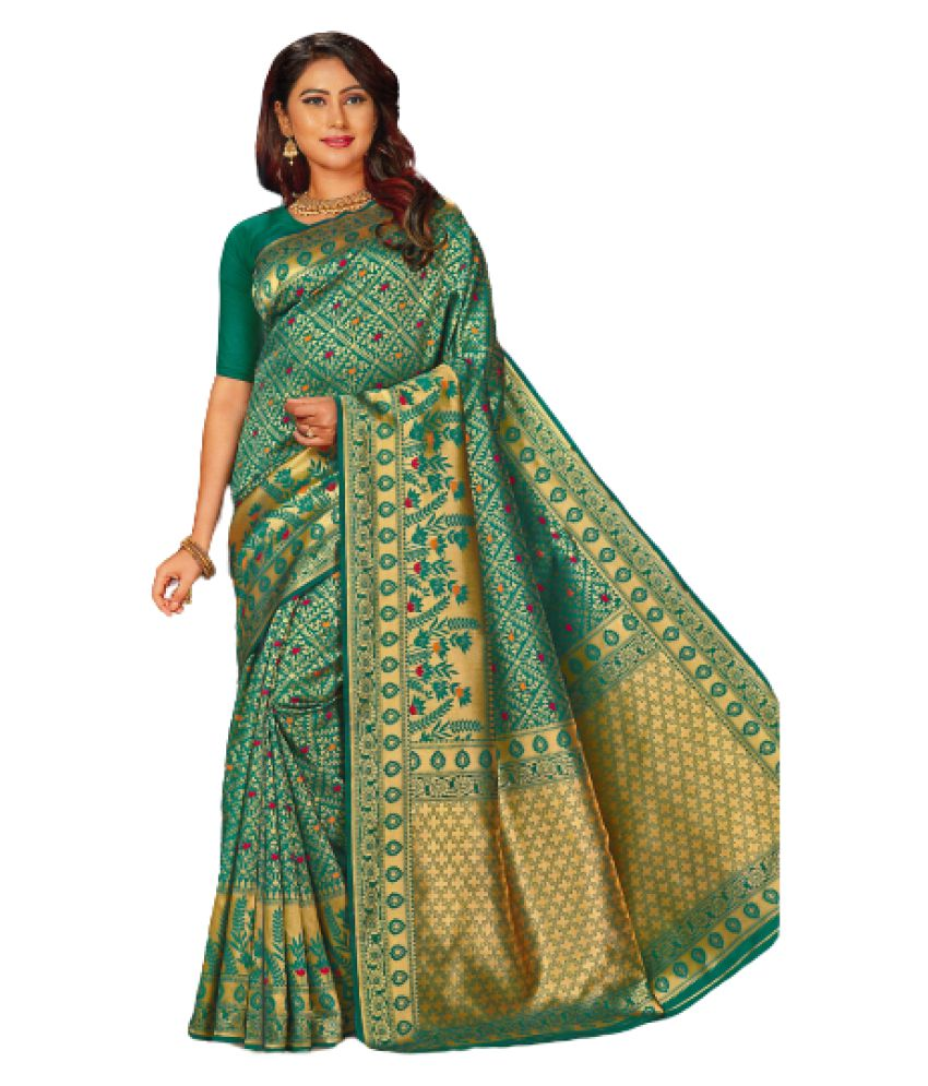 Saffron Attires Green Banarasi Silk Saree - Buy Saffron Attires Green ...