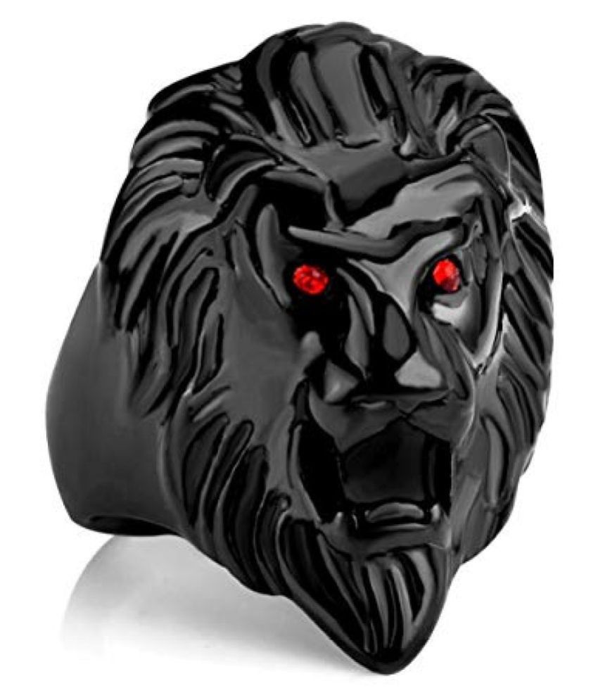     			Men Women Stainless Steel Lion Head Ring with Red Stone Eyes Roaring Lion Ring Engraved Carved Antique Style