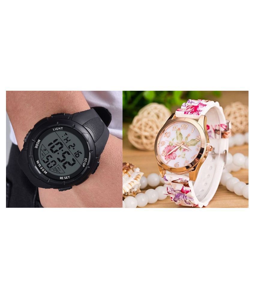     			women silicone floral strap dial -28mm watch with 5.11 black PU Multifunction Men's Watch