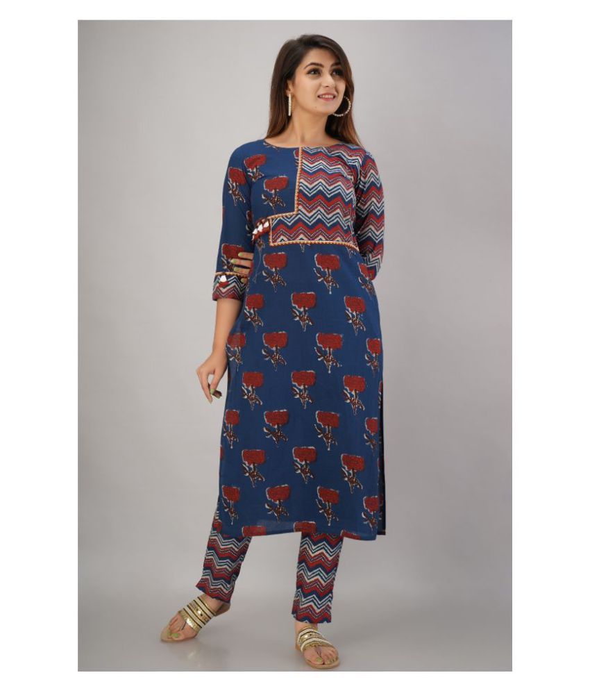     			SVARCHI - Navy Blue Straight Cotton Women's Stitched Salwar Suit ( Pack of 1 )