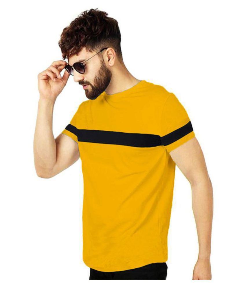     			Leotude Cotton Yellow Color Block T-Shirt