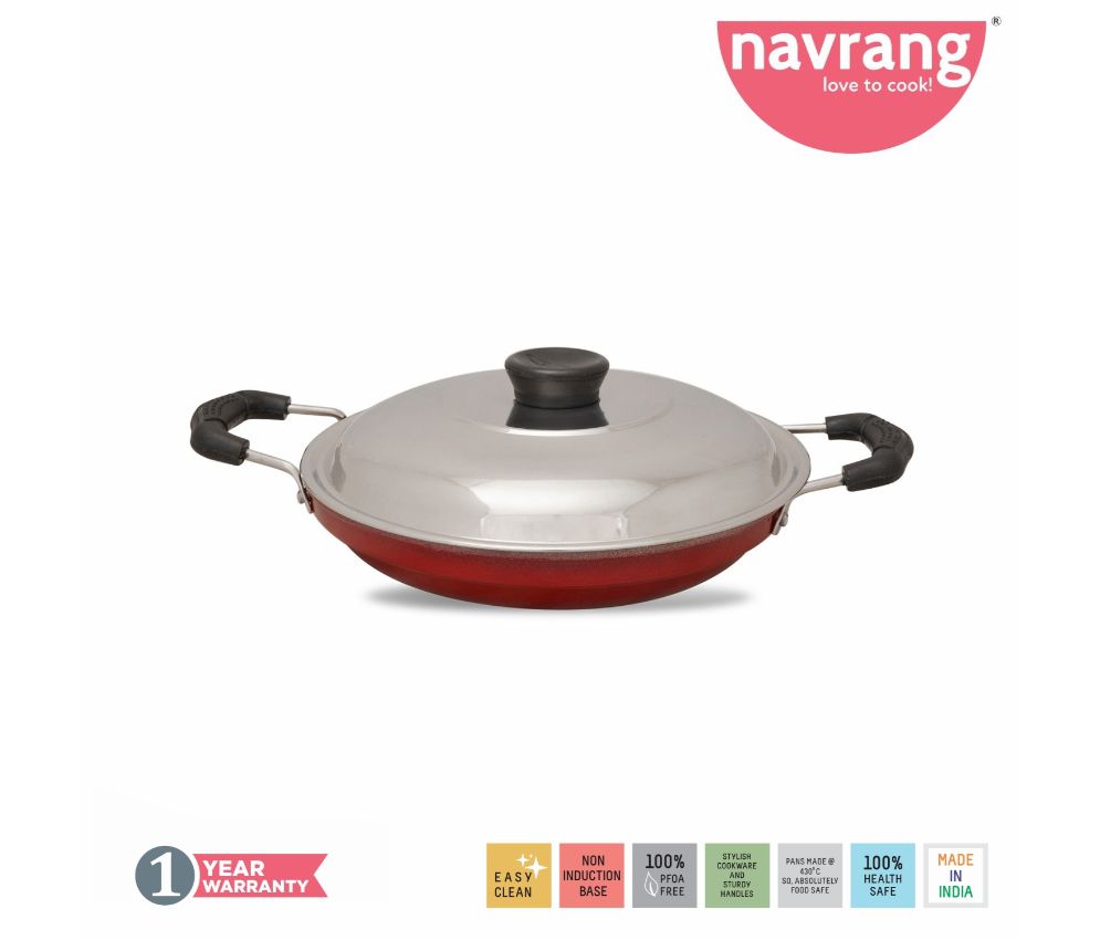     			Navrang Non Stick Aluminium Appakara 9 Kulies  with Handle With Lid,Heavy and Solid Bottom,  Red -Non Induction 