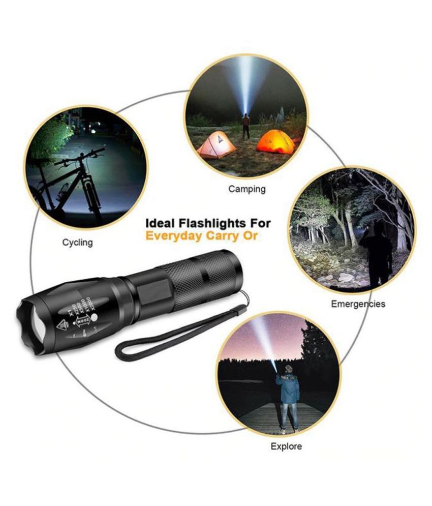 Professional LED Flashlight 5 Mode Zoomable and 3 Modes of Flashing Torch 15W Emergency Light Torch 700 meter Black - Pack of 1