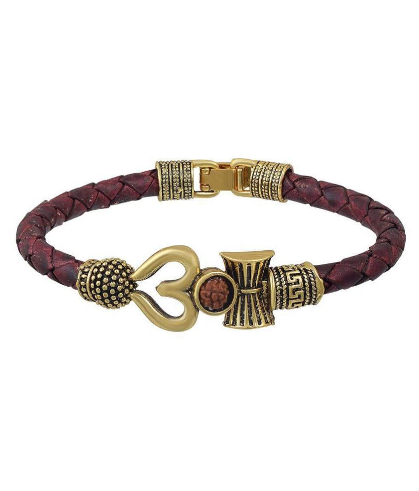     			Bhumi09 Handcrafted Spiritual One Sided Trishul Damru OM Rudraksha Beads Gold Plated Mahakal Shiva Genuine Leather Brown Dyed Rope Wrist Band/Belt Bracelet for Men/Women
