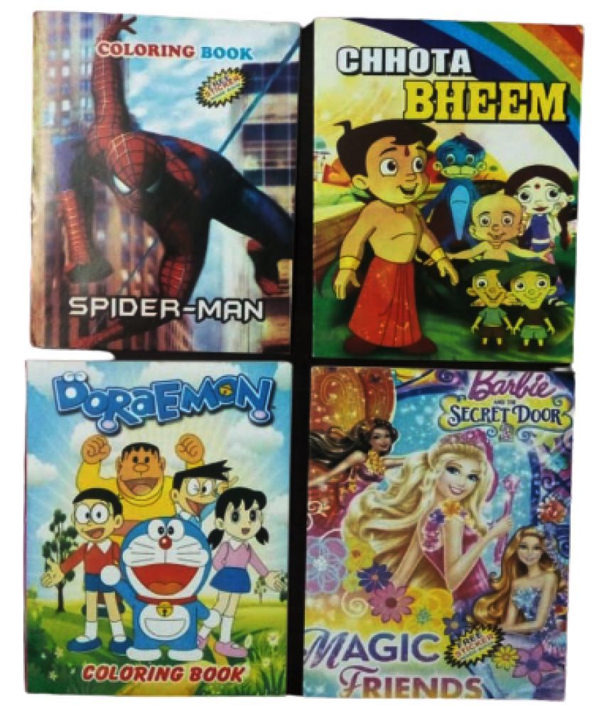 Set of 4 (Chota Bheem,Doremon,Barbie Secret Door & Spidermen Colouring Book  With 12 sticker each in the book): Buy Set of 4 (Chota Bheem,Doremon,Barbie  Secret Door & Spidermen Colouring Book With 12