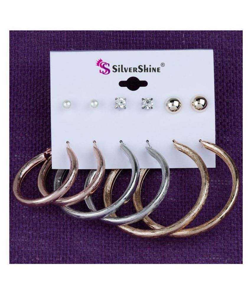     			Silver Shine Stylish Fashion Earring Combo 3 Bali With 3 Studs Set  For Women Girls