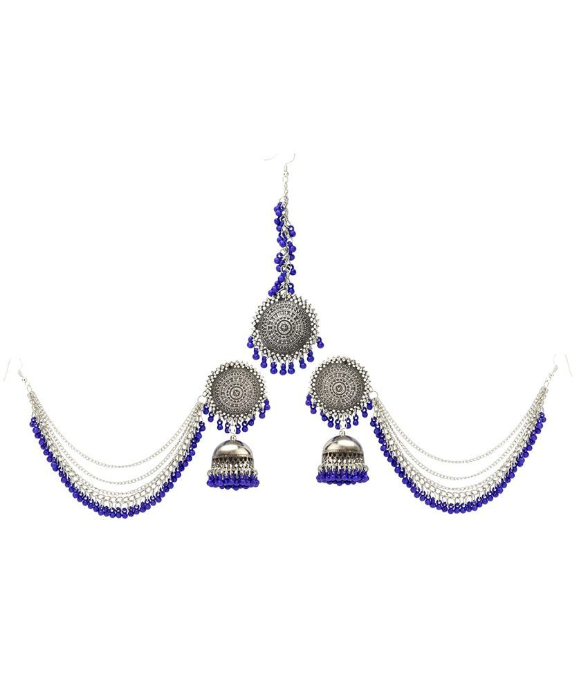 Koorie Fashion German Oxidised Silver Antique Traditional Maang Tikka with Earrings Jewellery Set for Women and Girls