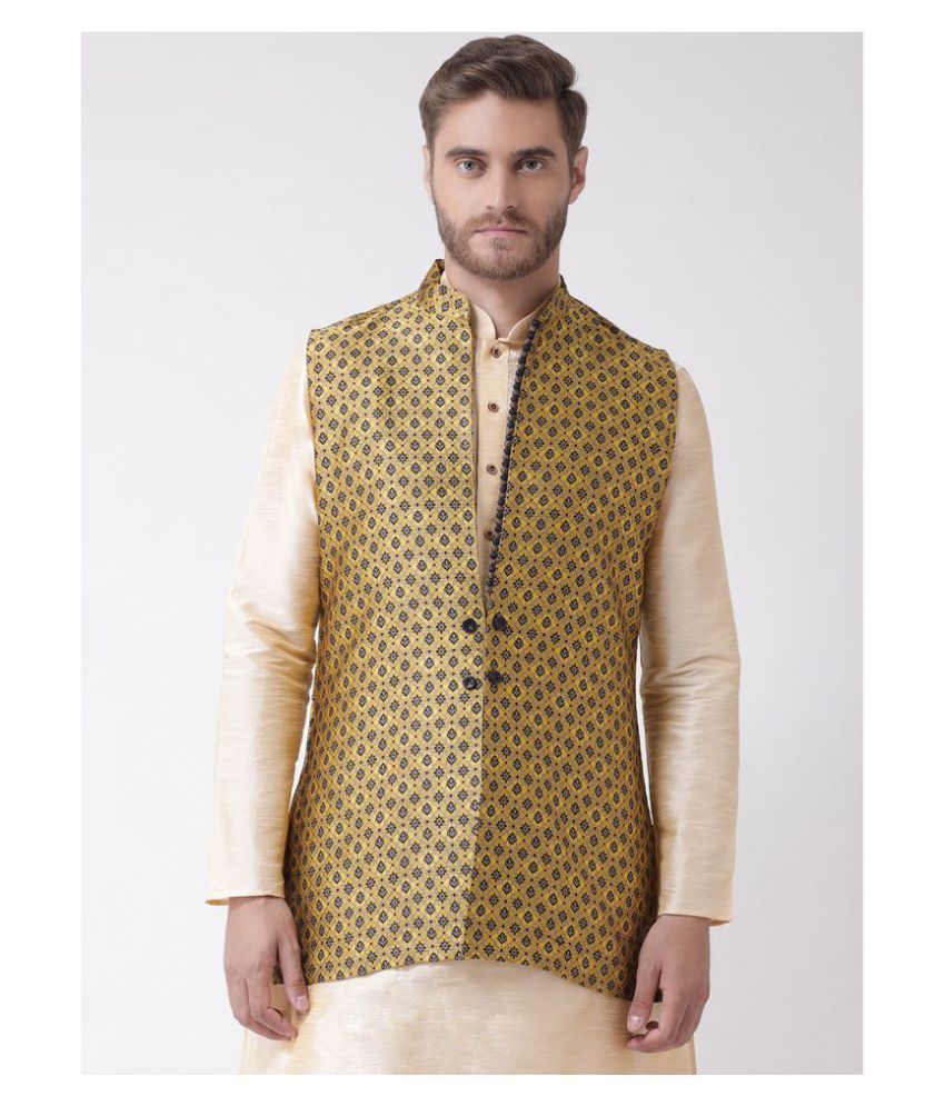     			Deyann Yellow Cotton Blend Nehru Jacket