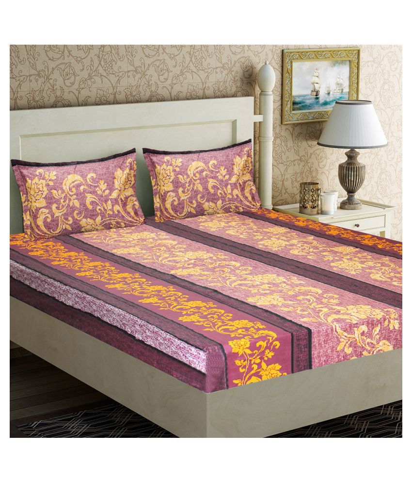     			Home Candy Cotton Floral Double Bedsheet with Two Pillow Covers -Rose Gold