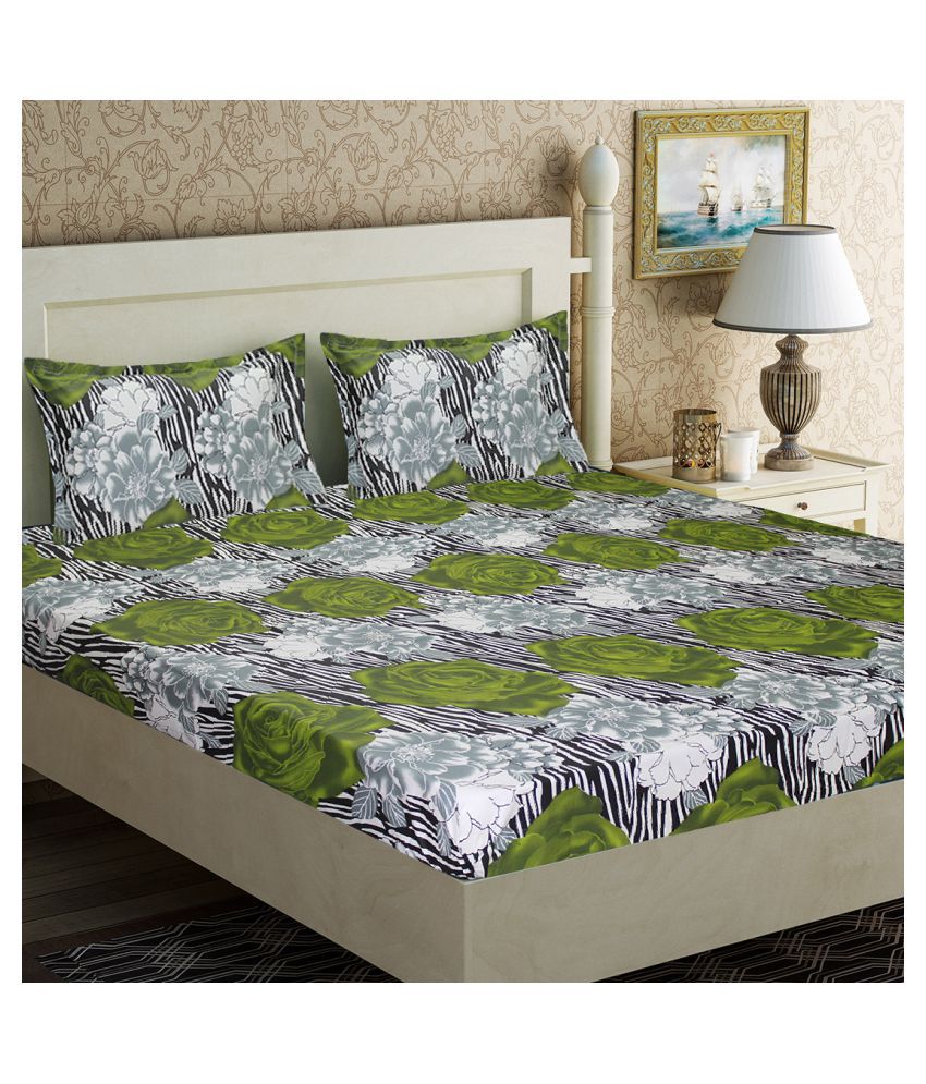     			Home Candy Cotton Floral Double Bedsheet with Two Pillow Covers -Green