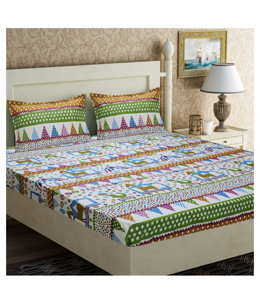     			Home Candy Cotton Abstract Double Bedsheet with Two Pillow Covers -White