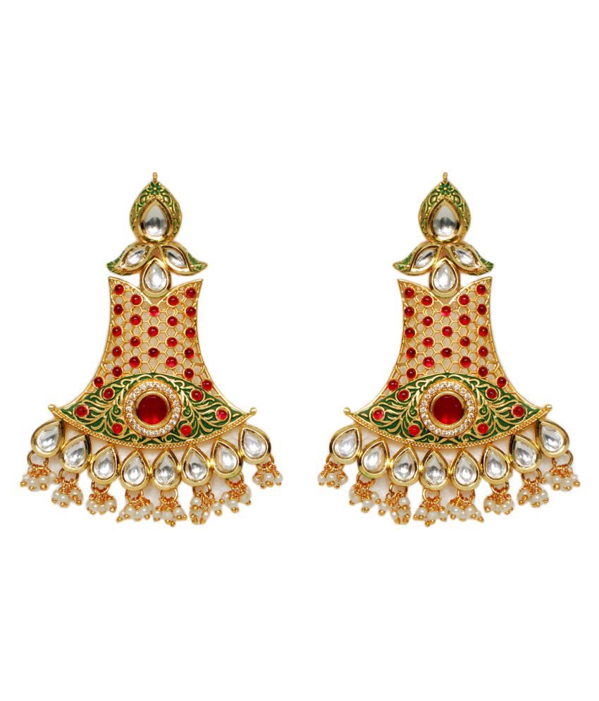 Gold green ruby kundan effect large earrings Indian jewellery