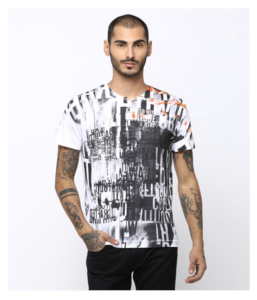     			Huetrap Cotton White Printed T-Shirt